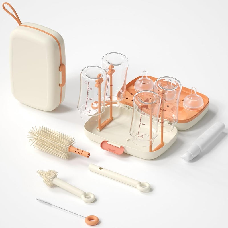 suvast 7in1 Travel Bottle Cleaner kit,Baby Essentials, with Bottle Brush、Nipple Brush、Straw Cleaner Brush、Soap Dispenser、Bottle Drying Rack、Drainage Tray、Storage Box,Baby Travel Essential (White) - Image 1